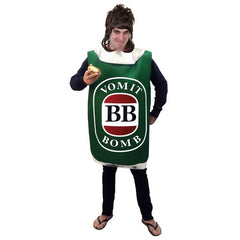 Beer can costume in green with silver metallic lid at shoulders.