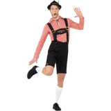 This beer festival costume has lederhosen and red check shirt
