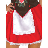 Beer Garden Babe Costume, dirnl with apron and red skirt with lace trim.