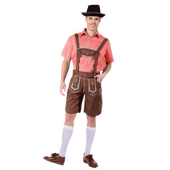 Beer Man Costume with red check shirt, brown printed lederhosen, hat, and socks – Oktoberfest outfit for adults