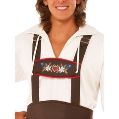 Beer Man Oktoberfest Costume for adults with brown lederhosen and white shirt – perfect for festivals