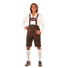 Beer Man Oktoberfest Costume for adults with brown lederhosen and white shirt – perfect for festivals