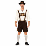 Men's Beer Man Oktoberfest costume with brown lederhosen shirt hat and socks
