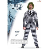 Men’s Beetle Time costume with black and white striped jacket, pants, and neck tie – perfect for Halloween or movie character cosplay