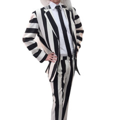 Beetlejuice costume with black and white striped suit and wig for hire in Brisbane