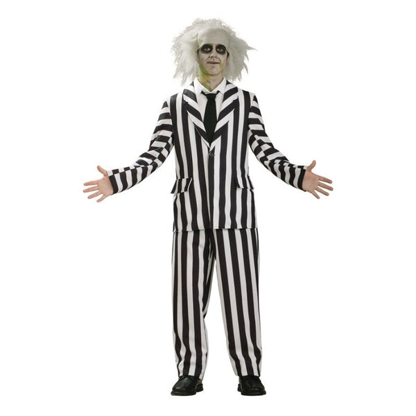 Beetlejuice striped suit costume with black and white jacket and wig for hire in Brisbane