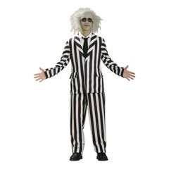 Beetlejuice striped suit costume with black and white jacket and wig for hire in Brisbane