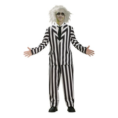 Beetlejuice costume with black and white striped suit and wig for hire in Brisbane