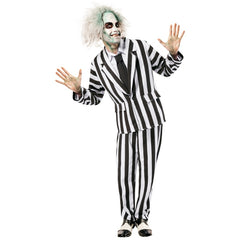 Adult wearing Beetlejuice Deluxe black and white striped costume