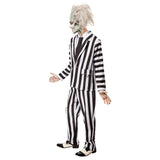 Side view of Beetlejuice Deluxe adult black and white striped costume