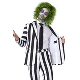 Detail of black and white stripe fabric on Beetlejuice suit costume