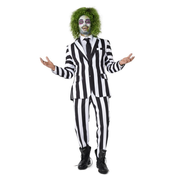 Beetlejuice black and white striped suit costume for men front view