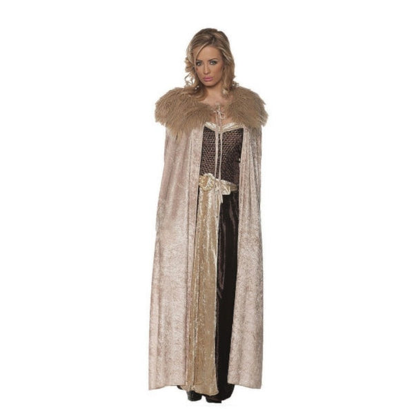 Beige renaissance cape hire Brisbane full length medieval cloak front view