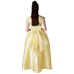 Front view of Belle Deluxe Costume – adult golden ball gown with glitter detailing and layered tulle sleeves.