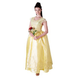 Front view of Belle Deluxe Costume – adult golden ball gown with glitter detailing and layered tulle sleeves.