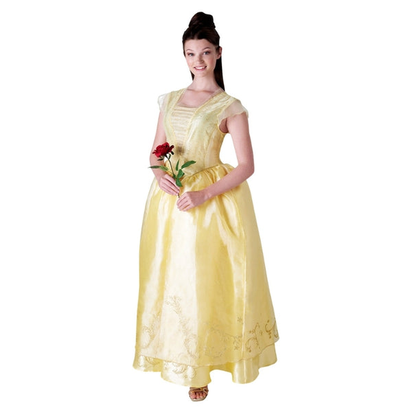 Front view of Belle Deluxe Costume – adult golden ball gown with glitter detailing and layered tulle sleeves.