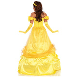 back of person wearing costume with long yellow ball gown and yellow gloves