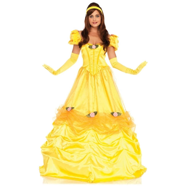 person wearing yellow princess ball gown with yellow gloves and yellow headband