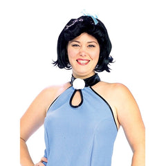 Flintstones betty rubble adult costume, blue dress, belt with bones, wig and blue bow.