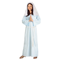 Biblical Mary Girls Costume, light blue dress with white headdress.