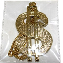 Front view of Big Dollar Necklace featuring gold plastic chain and oversized dollar sign pendant.