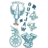 Close up of Tinsley FX Temp Tattoo Kit - Biker Outlaw includes spark plug, skulls, hears, wheel with wings and engine.