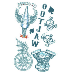 Biker Outlaw tattoo kit by Tinsley Transfers. Temporary tattoo sheet with realistic biker-style designs.