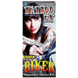 Biker Outlaw tattoo kit by Tinsley Transfers. Temporary tattoo sheet with realistic biker-style designs.