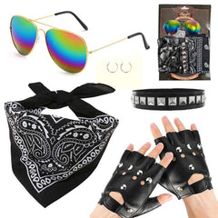 Bikie Dress Up Set includes, bandanna, studded fingerless gloves, studded chokr, glasses and earrings.