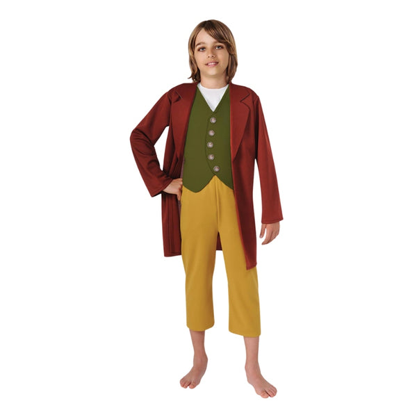 Child wearing Bilbo Baggins deluxe costume with green jacket and brown pants