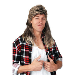 Two-tone brown and blonde mullet wig with short front and long back