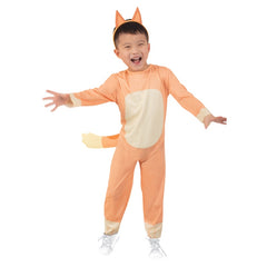Bingo costume for toddlers, orange jumpsuit with digitally printed spots and headband.