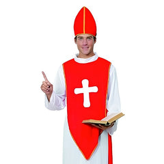 Adult bishop costume with white robe, red tabard and bishop hat