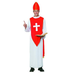 Adult bishop costume with white robe, red tabard and bishop hat