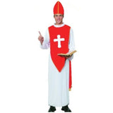 Bishop Men's Costume, white robe with red overlay featuring a cross plus bishop hat.