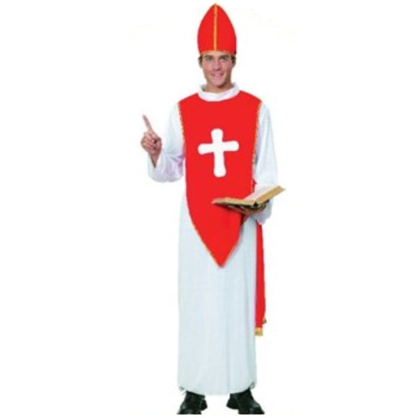 Bishop mens costume, white robe with red overpiece with cross and sash and headpiece.