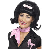 Black 1950's styled beehive wig with flicked ends, adorned with a cute pink bow for a retro look.
