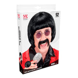 Packaged wig, moustache, and glasses set with a person wearing them on the box.