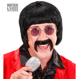 Black 60s music man wig with moustache and round glasses – Beatles and Sonny style costume accessory