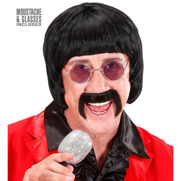 Black 60s music man wig with moustache and round glasses – Beatles and Sonny style costume accessory
