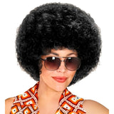 Woman wearing Black 70s Disco Wig for a retro disco costume