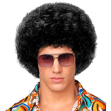 Man wearing Black 70s Disco Wig for a retro disco costume