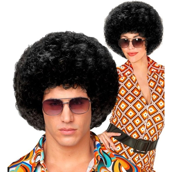 Black 70s Disco Wig worn by adult man and woman in retro costume looks