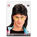 Packet for black 80s wig with novelty yellow lenses glasses
