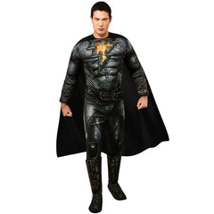 Black Adam deluxe adult costume with padded jumpsuit, cape, and lightning bolt emblem