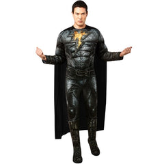 Black Adam deluxe adult costume with padded jumpsuit, cape, and lightning bolt emblem