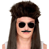 Man wearing moustache with mullet for 80s theme