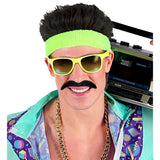 Man wearing black moustache with 80s retro outfit