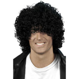 Black Afro wet look wig with loose curls for 70s disco costumes