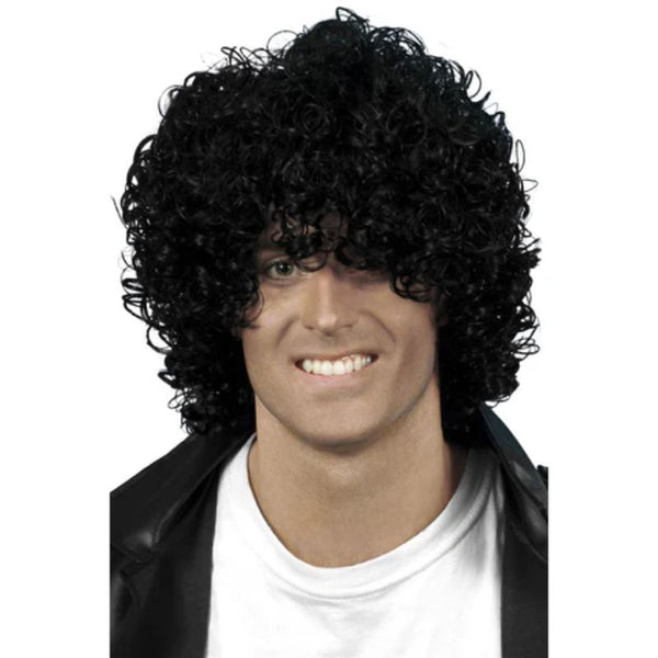 Black Afro wet look wig with loose curls for 70s disco costumes